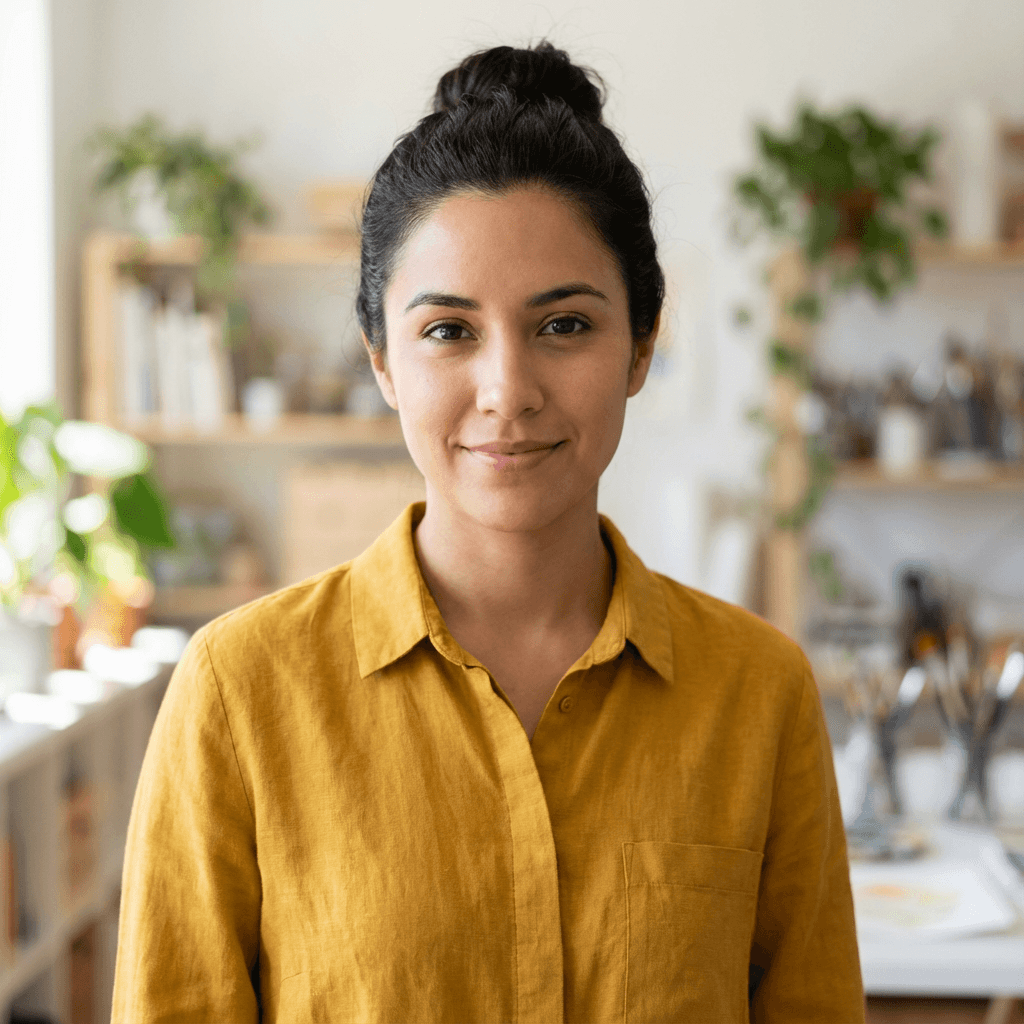 Lena R. holding a small care package, standing in a clean kitchen, soft morning light