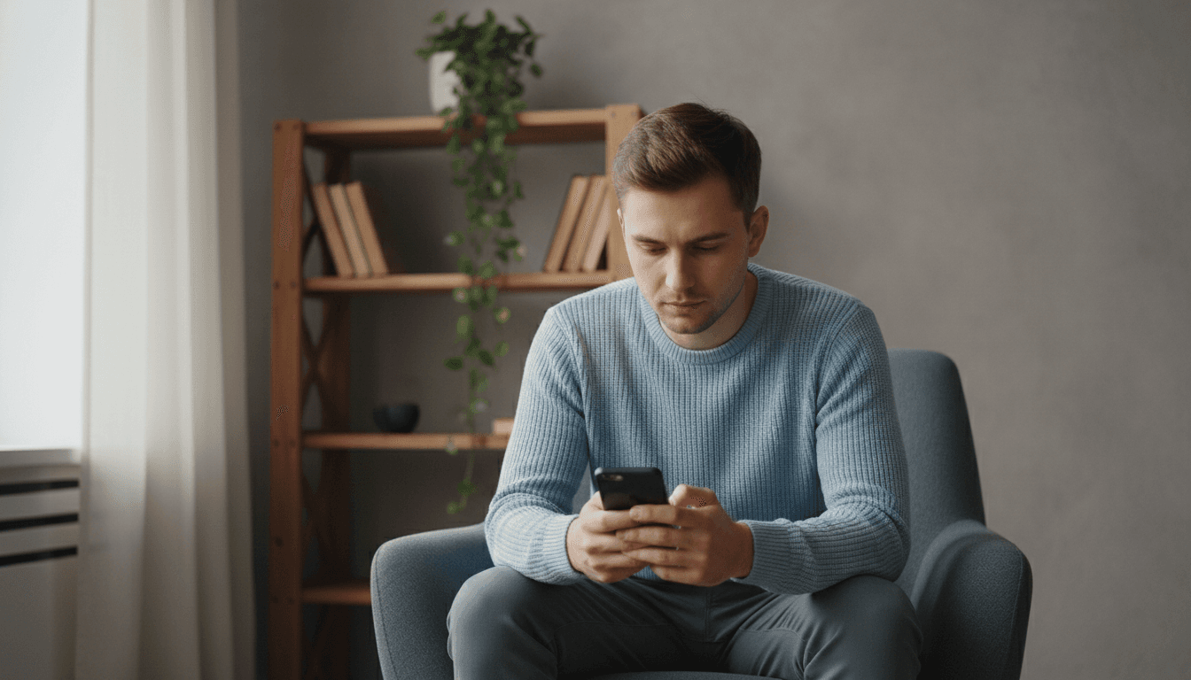 Person holding a smartphone in a quiet room with bookshelf and plant