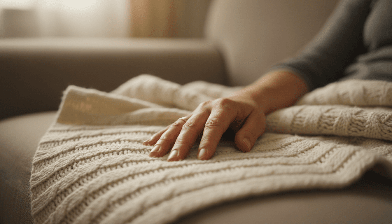 Hand resting on a soft textured blanket in a warm, quiet room