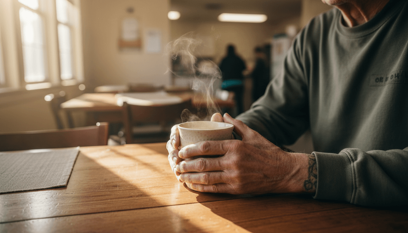 A veteran's hands wrapped around a warm coffee mug in a quiet shelter dining room, morning light streaming in