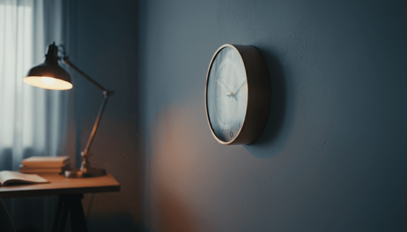 Blurred clock on a wall in a dimly lit room with warm lamp light