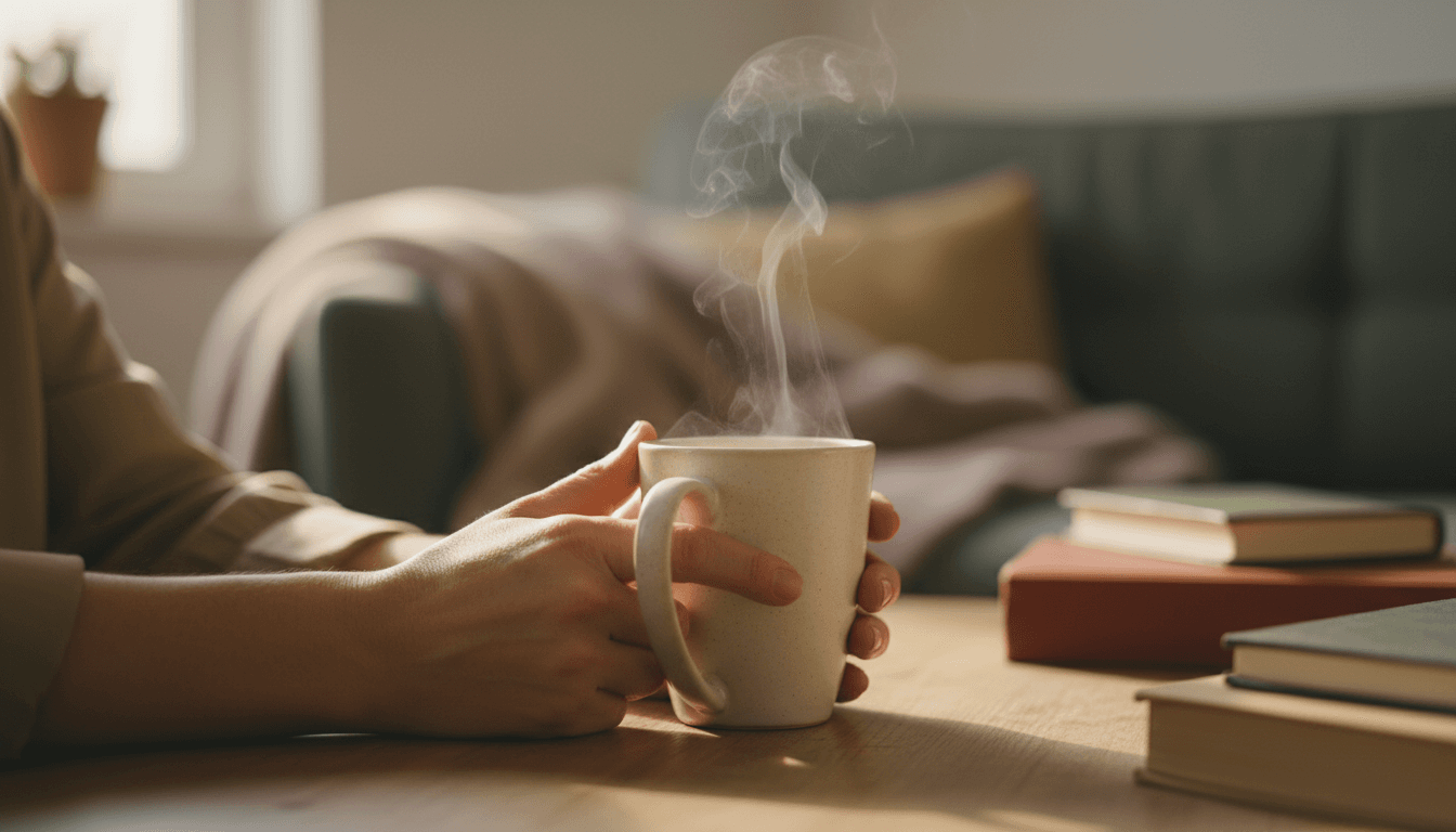 Hands holding a warm mug of coffee on a wooden table in soft morning light