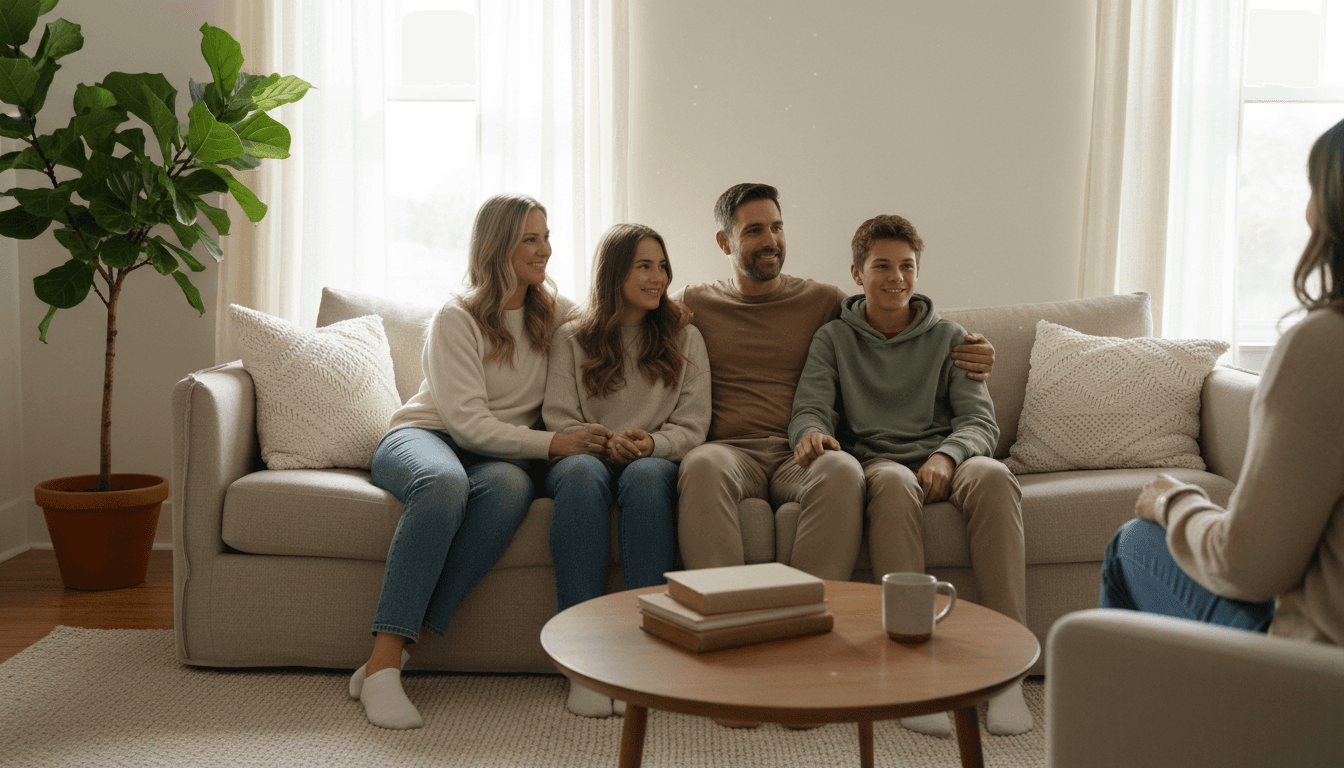 Family sitting together in a bright, airy room