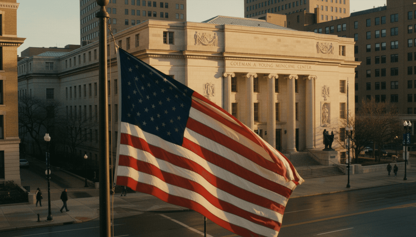 Detroit city hall building with American flag flying in front, photographed during golden hour