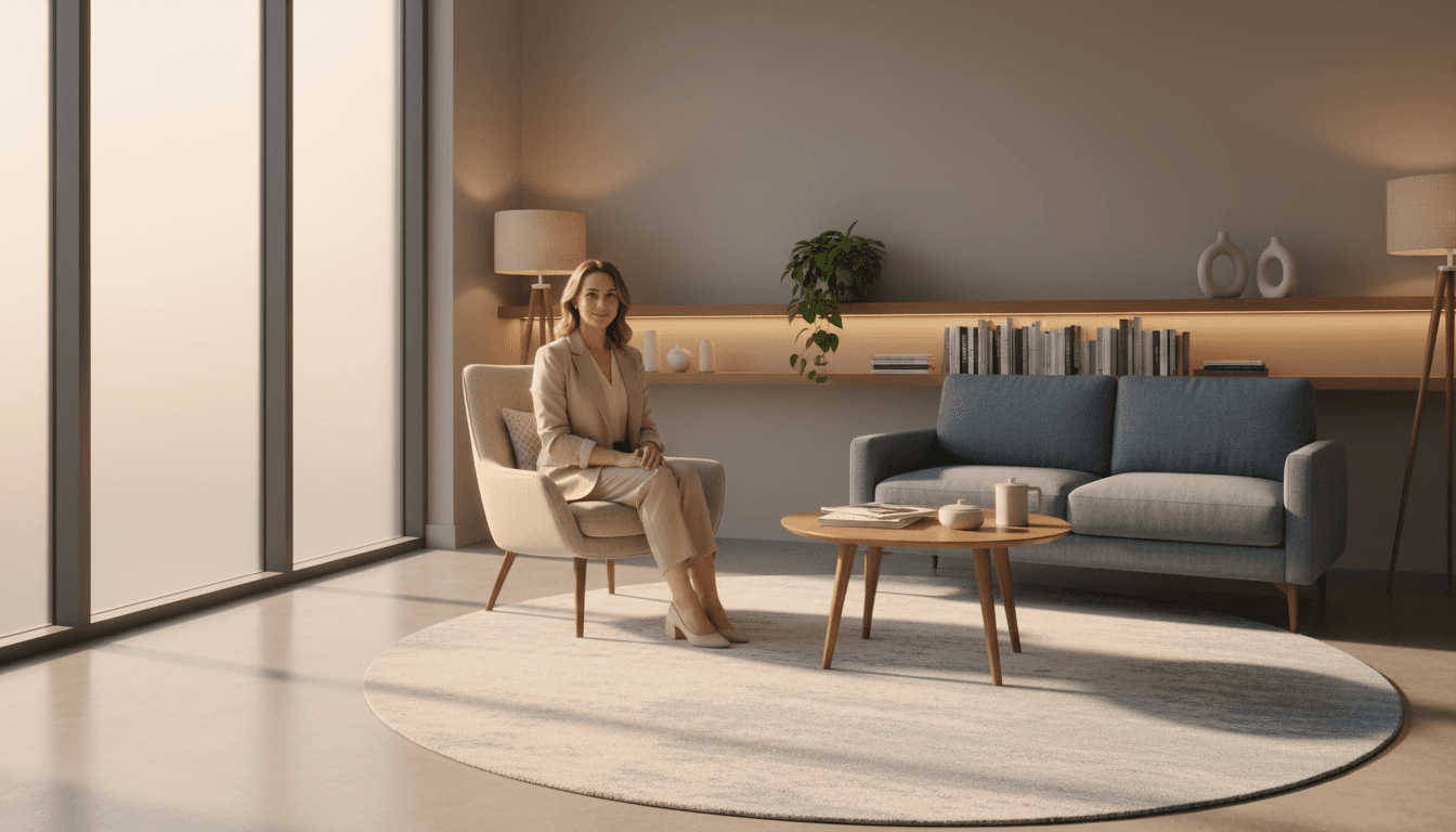 Professional therapist in modern office with warm lighting and calm atmosphere