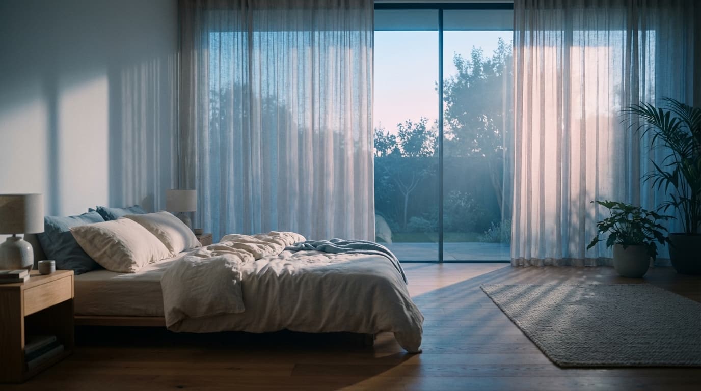 Neatly made bed with soft blankets in a quiet room