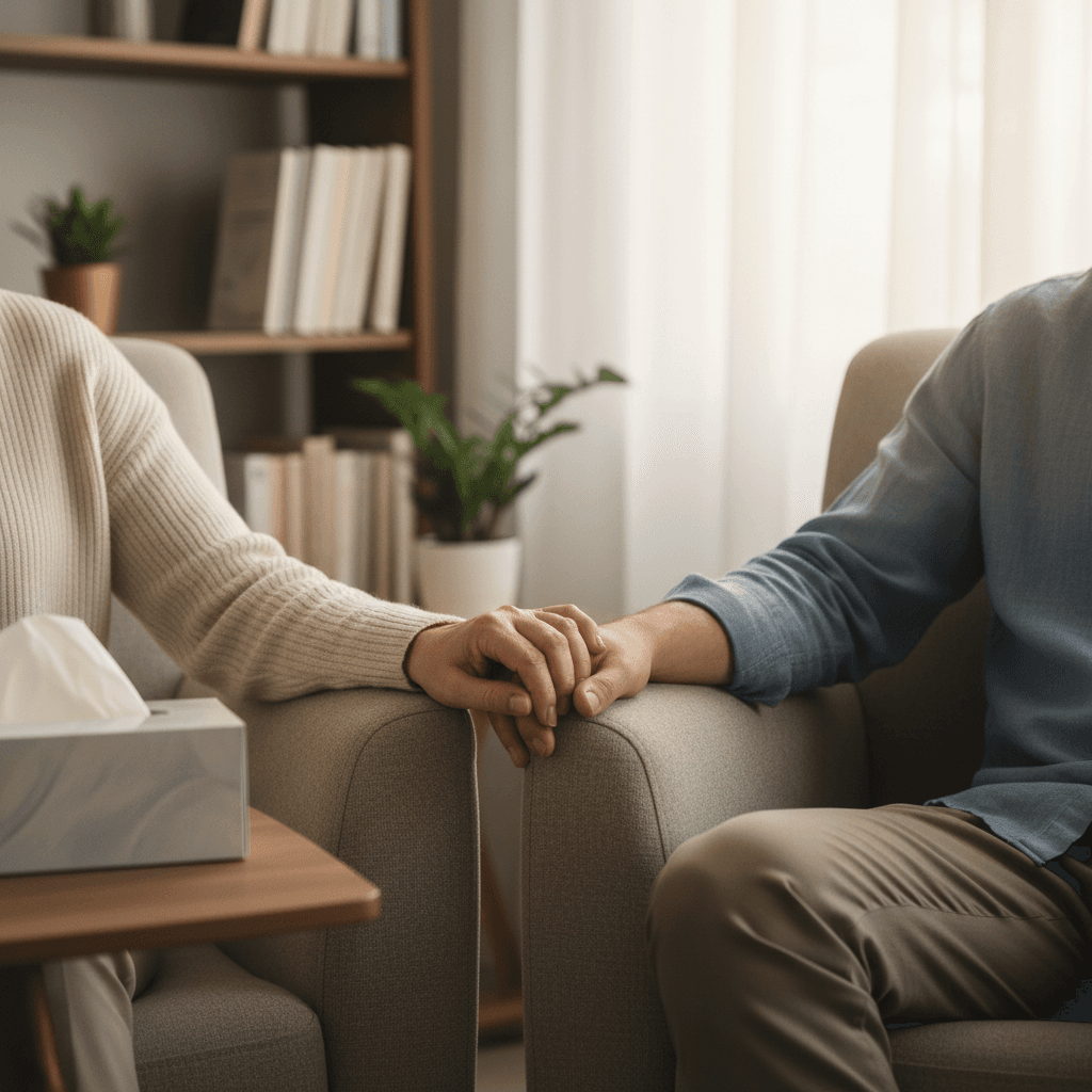 Counselor and veteran talking in a sunlit room